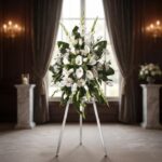 Impresionante corona fúnebre 'Homenaje Guadalupe' con lirios blancos, calas y margaritas, sobre un trípode en una sala de vel