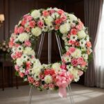 Corona fúnebre Homenaje a Jesús con rosas rosadas, claveles y crisantemos blancos, sobre un caballete en una sala de velación