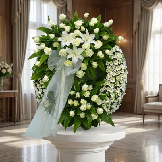Corona Fúnebre Legado Jacob: Elegancia Floral para un Último Adiós Corona fúnebre Legado Jacob con rosas blancas, lirios y margaritas, lazo de tul, en sala de velación premium con luz natural