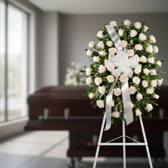 Corona fúnebre ovalada de rosas blancas y lazo blanco, sobre trípode en sala de velación moderna con ataúd desenfocado al fon