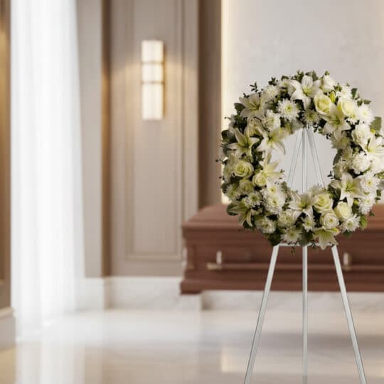Corona fúnebre Solemne Homenaje Joshua con lirios, rosas y crisantemos blancos, sobre un trípode en sala de velación moderna
