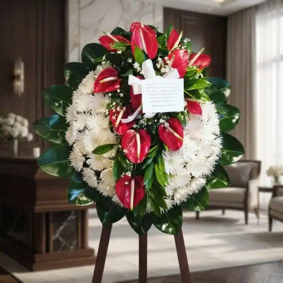 Corona Fúnebre Trinidad: Elegancia y Respeto en Arreglos Florales Corona fúnebre Trinidad con flores blancas y anturios rojos, en una sala de velación premium con luz natural suave.