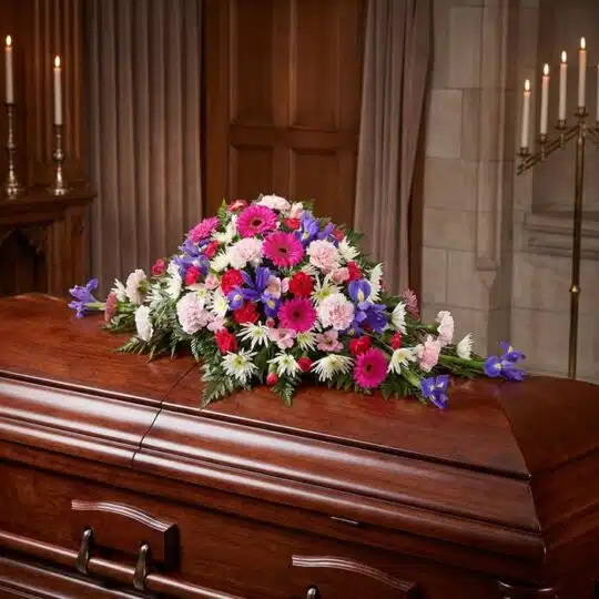 Cubre caja fúnebre "El Legado de Francisco" con flores variadas en tonos rosas, morados y blancos, sobre un ataúd de madera o