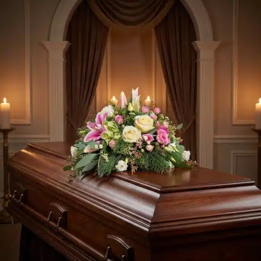 Cubre caja fúnebre 'Genoveva' con lirios blancos, rosas pálidas y follaje verde, elegantemente dispuesto sobre un ataúd de ma