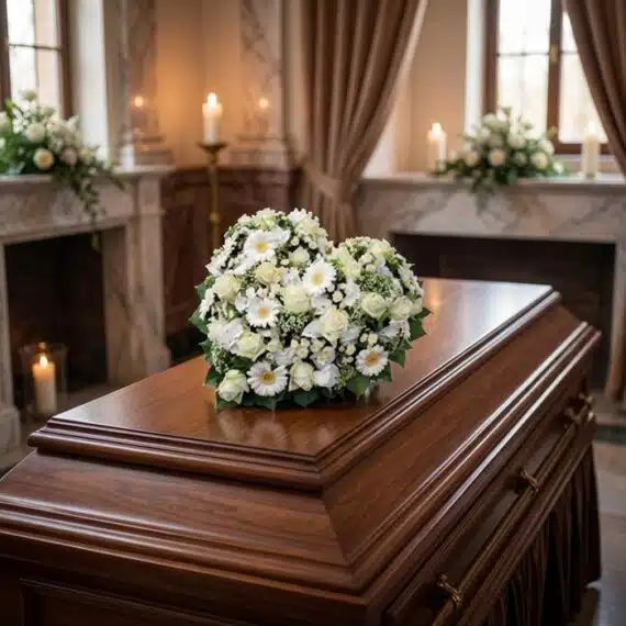 Cubre Caja Fúnebre: Homenaje Floral para Antonio 🕊️ Elegante cubre caja fúnebre con rosas blancas y margaritas, formando un corazón sobre un ataúd de madera oscura en un entorno