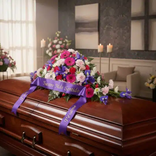 Cubre caja fúnebre 'El Legado de Francisco' con un arreglo floral vibrante de gerberas, claveles e iris, y una cinta morada c