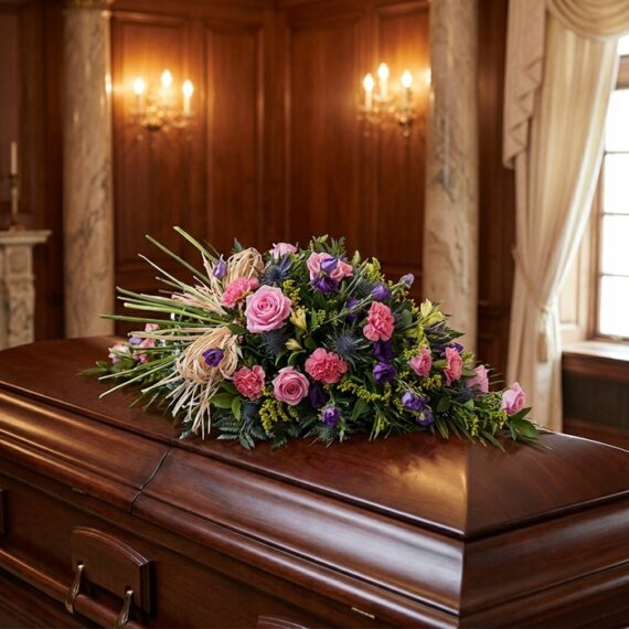 Cubre Caja Fúnebre Legado Sereno de Ivon: Elegancia y Respeto Floral Cubre caja fúnebre 'Legado Sereno de Ivon' con rosas rosadas, claveles y cardos azules sobre un ataúd de madera oscura en un