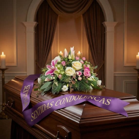 Arreglo floral fúnebre 'Solemne Cubre Caja Genoveva' con lirios, rosas y follaje, adornado con una cinta morada satinada con