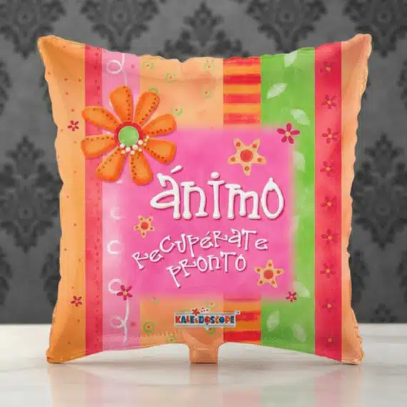 Globo Metalizado 'Ánimo Recupérate Pronto' para Desear Pronta Recuperación Globo metalizado cuadrado con diseño vibrante y mensaje 'Ánimo Recupérate Pronto', ideal para regalar y levantar el ánimo.