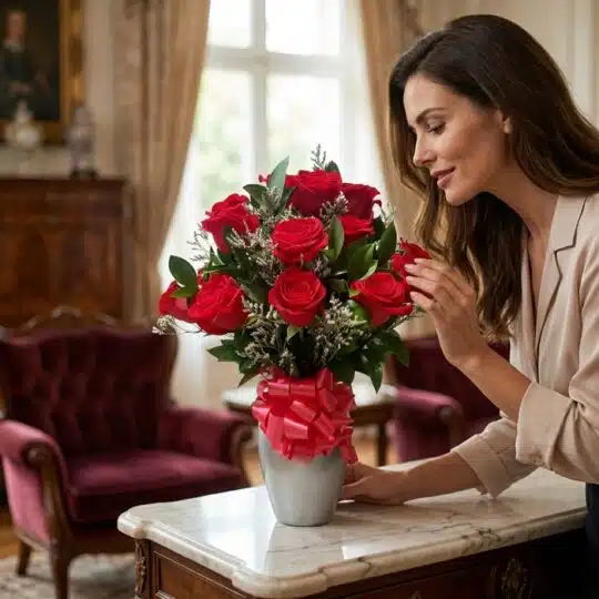 Mujer elegante de mediana edad admirando un jarrón con 12 rosas rojas frescas y un moño rojo, en un lujoso salón con luz natu