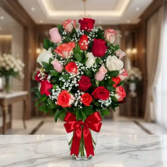 Jarrón con 18 Rosas Multicolor: Arreglo Floral Elegante para Regalar Jarrón de cristal con 18 rosas de varios colores (rojas, blancas, rosas, naranjas) y follaje verde, adornado con un moño rojo