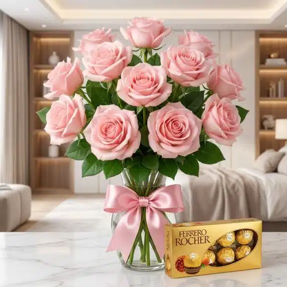 Jarrón Decídete: Rosas Rosadas Frescas y Chocolates Ferrero Rocher Jarrón Decídete con once rosas rosadas frescas y un lazo rosa elegante, acompañado de una caja de chocolates Ferrero Rocher,