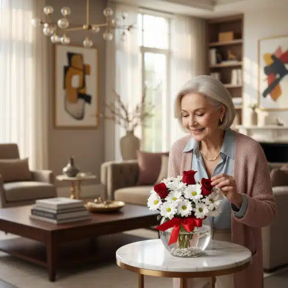 Mujer elegante de cabello plateado admira un Jarron Floral Antonietta con rosas rojas y margaritas blancas en un lujoso salón