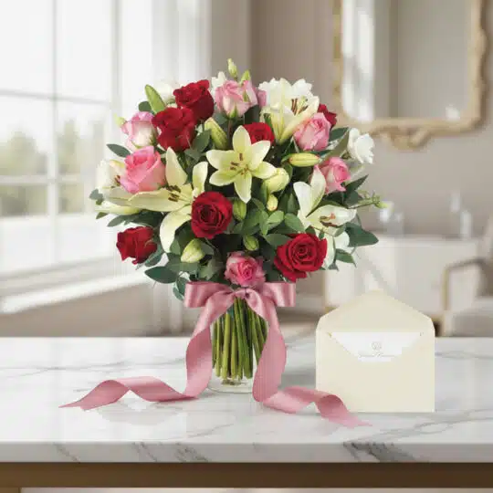Jarron Floral GIORGIA con rosas rojas, rosas rosadas y lirios blancos, sobre mesa de mármol con tarjeta de regalo y cinta ros