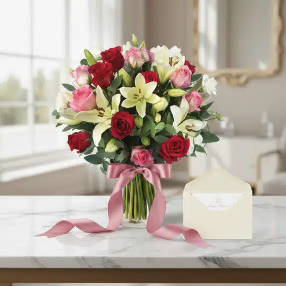 Jarron Floral GIORGIA con rosas rojas, rosas rosadas y lirios blancos, sobre mesa de mármol con tarjeta de regalo y cinta ros