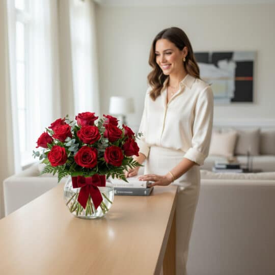 Mujer elegante admira Jarron Floral Graziella con 12 rosas rojas y moño, en un lujoso interior de hogar con luz natural.
