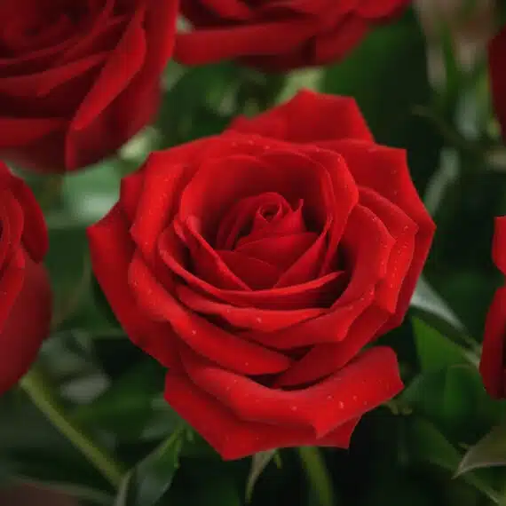 Primer plano extremo de una rosa roja vibrante con gotas de rocío sutiles, mostrando textura hiperrealista y frescura. Ideal