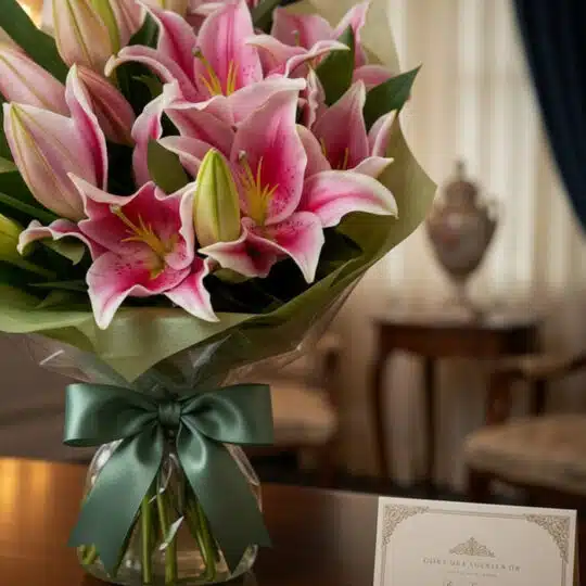 Primer plano de un bouquet fúnebre de lirios Stargazer rosas y blancos con rocío sutil, atado con una cinta verde satinada, s