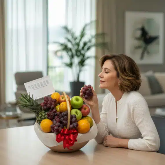 Mujer elegante de mediana edad, vestida de blanco, admira y huele uvas de una canasta de frutas premium en un hogar de alto d