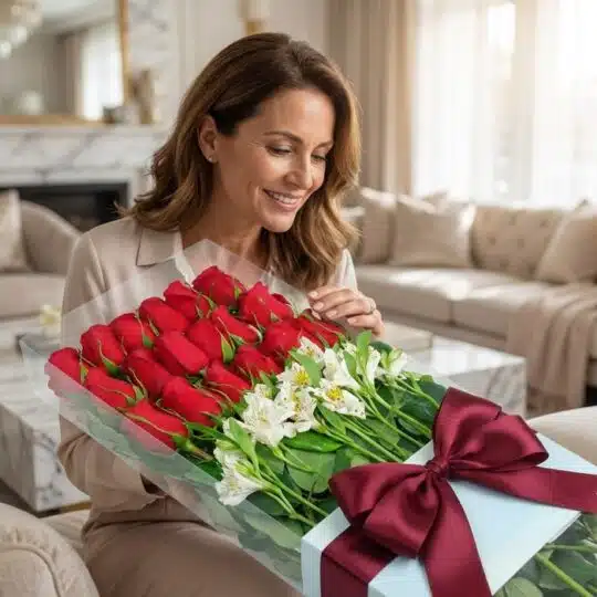 Mujer de mediana edad, elegante y sonriente, admira una caja de 18 rosas rojas y alstroemerias blancas en un lujoso salón.