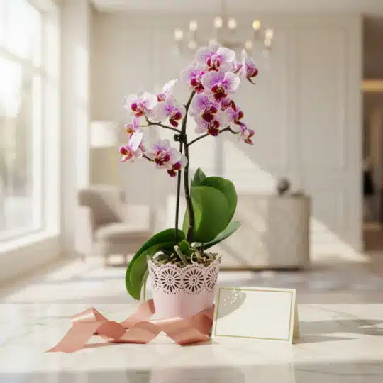 Orquídea Phalaenopsis Antonella en maceta rosa, con tarjeta de regalo y cinta de satén, sobre mármol en un lobby elegante.