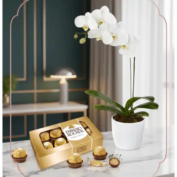 Elegante Arreglo MARELY: Orquídea Phalaenopsis y Chocolates Ferrero Rocher Arreglo MARELY con orquídea Phalaenopsis blanca en maceta texturizada y caja de chocolates Ferrero Rocher, ideal para regalar