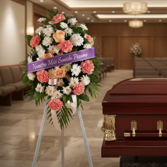 Pedestal fúnebre de homenaje para Timoteo con arreglo floral de claveles, rosas y crisantemos, cinta morada con mensaje de pé