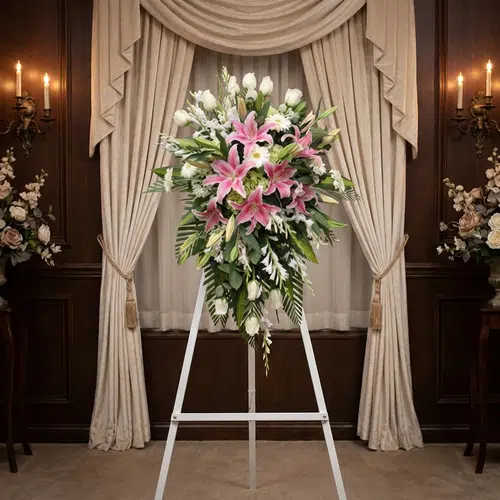 Pedestal Fúnebre "Legado Eterno" para Marcelo: Elegancia y Respeto Impresionante pedestal fúnebre "Legado Eterno" con lirios rosados, rosas blancas y follaje exuberante, exhibido en una elegan