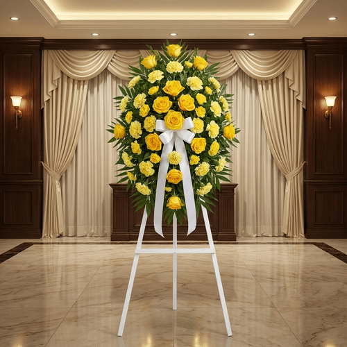 Pedestal Fúnebre Legado Sereno: Elegancia y Respeto en Homenaje Pedestal fúnebre Legado Sereno con rosas y claveles amarillos, lazo blanco, en sala de velación elegante con cortinas y luz c