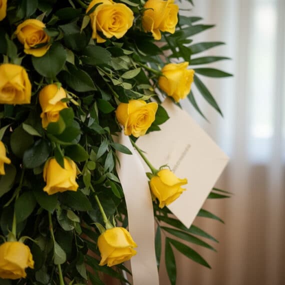 Primer plano de rosas amarillas frescas con gotas de rocío y follaje verde, parte de un arreglo fúnebre con cinta satinada.