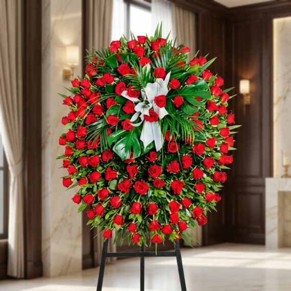 Pedestal Fúnebre Sentido Pésame: Elegancia y Respeto en Rosas Rojas Pedestal fúnebre de rosas rojas intensas y follaje verde, con un lazo blanco, en una sala de velación premium con luz natural