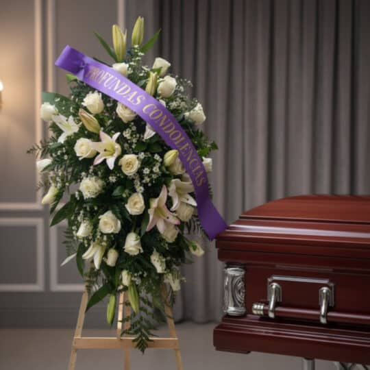 Pedestal fúnebre 'Salvación' con rosas blancas, lirios y follaje, adornado con una cinta morada que dice 'PROFUNDAS CONDOLENC
