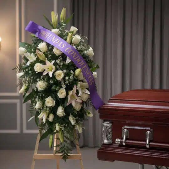 Pedestal fúnebre 'Salvación' con rosas blancas, lirios y follaje, adornado con una cinta morada que dice 'PROFUNDAS CONDOLENC