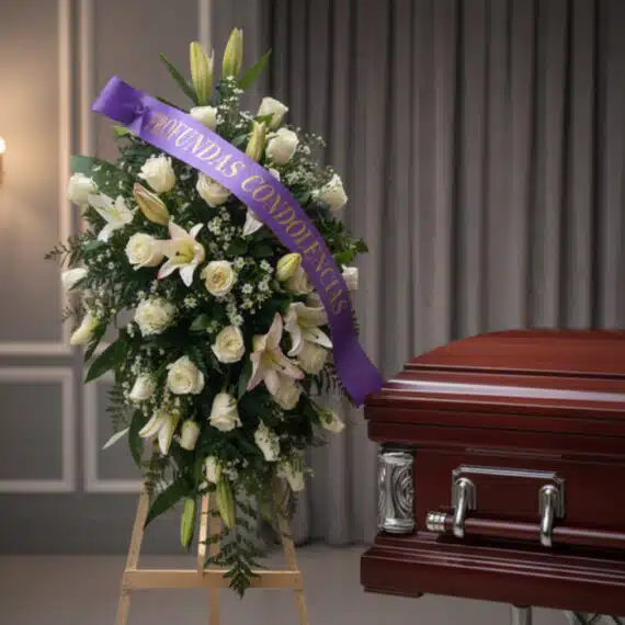 Pedestal fúnebre 'Salvación' con rosas blancas, lirios y follaje, adornado con una cinta morada que dice 'PROFUNDAS CONDOLENC