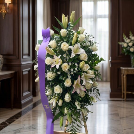 Pedestal Fúnebre Salvación: Elegancia Floral con Rosas y Lirios Blancos Pedestal fúnebre Salvación con rosas blancas, lirios y follaje verde, presentado en una sala de velación premium con luz natu