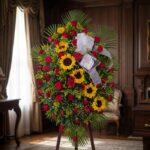 Pedestal fúnebre solemne con rosas rojas, girasoles y follaje verde, presentado en una elegante sala de velación con luz natu