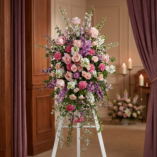 Pedestal Funerario 'Luz de Elisa': Un Homenaje Floral Elegante y Conmovedor Pedestal funerario 'Luz de Elisa' con rosas, claveles y lirios en tonos pastel, realzado en una sala de velación con iluminac