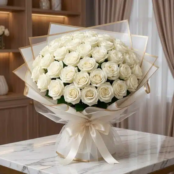 Ramo JACOBELLA de 60 Rosas Blancas: Elegancia Pura para Regalar Impresionante ramo JACOBELLA de 60 rosas blancas frescas y abiertas, con empaque coreano elegante y lazo de seda, sobre mesa