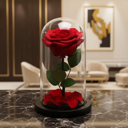 Rosa preservada roja en cúpula de cristal sobre una mesa de mármol negro, con un fondo elegante de lobby de hotel boutique.