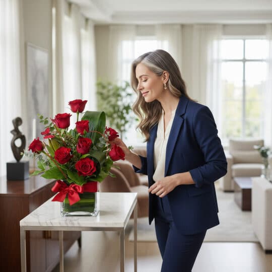 Mujer elegante admirando un Solitario Floral ROSETTA con seis rosas rojas, follaje verde y moño rojo, en un interior de lujo.