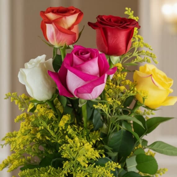 Primer plano extremo de un solitario de rosas multicolor con gotas de rocío, mostrando texturas hiperrealistas y colores vibr